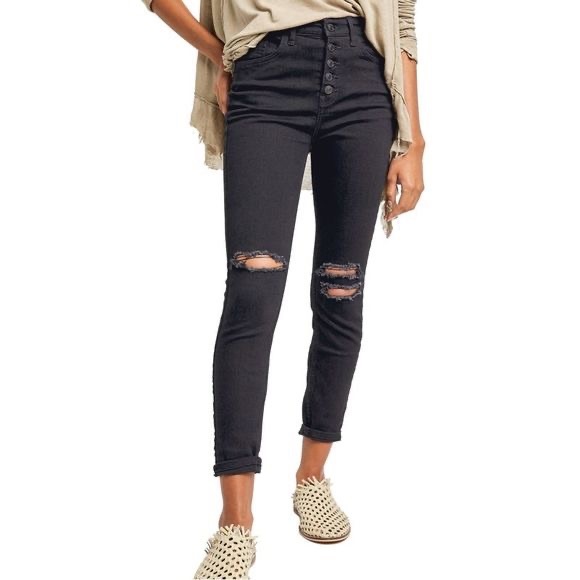 Free People Sabrina Button Front High Waist Super Skinny Jeans In Black